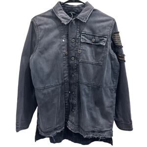 Free People Embellished Military Shirt Jacket Gray Distressed Beaded Patchwork